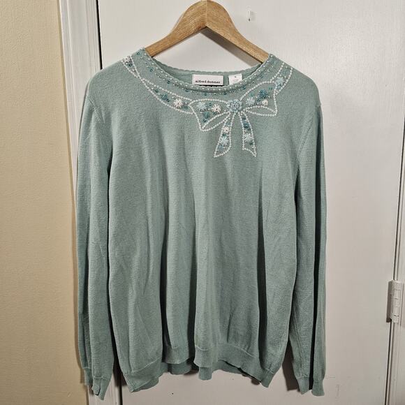 Alfred Dunner Ramie Blend Beaded Bow Knit Sweater Size XL Sparkles Embroidered - Picture 1 of 5
